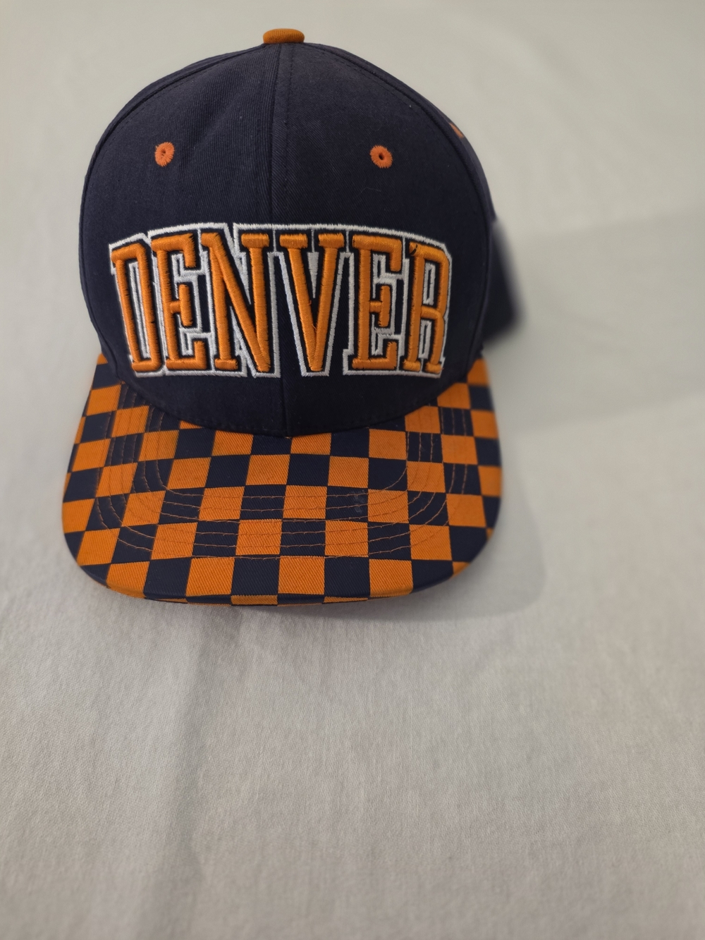 Denver (Bronco's) Embroidered Checkerboard Snapback Hat - Navy & Orange